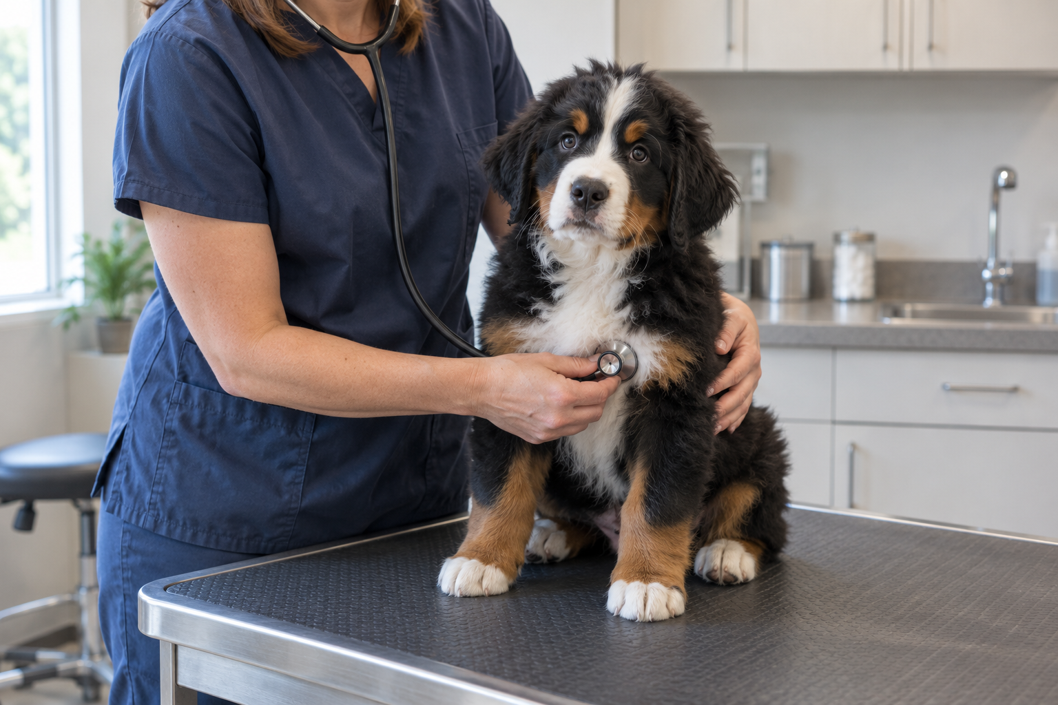 Veterinár vyšetruje bernské šteniatko počas kontroly jeho rastu